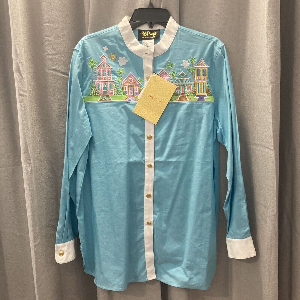 Bob Mackie Wearable Art Button Up Shirt Blue Embroidered House Design Large NEW
